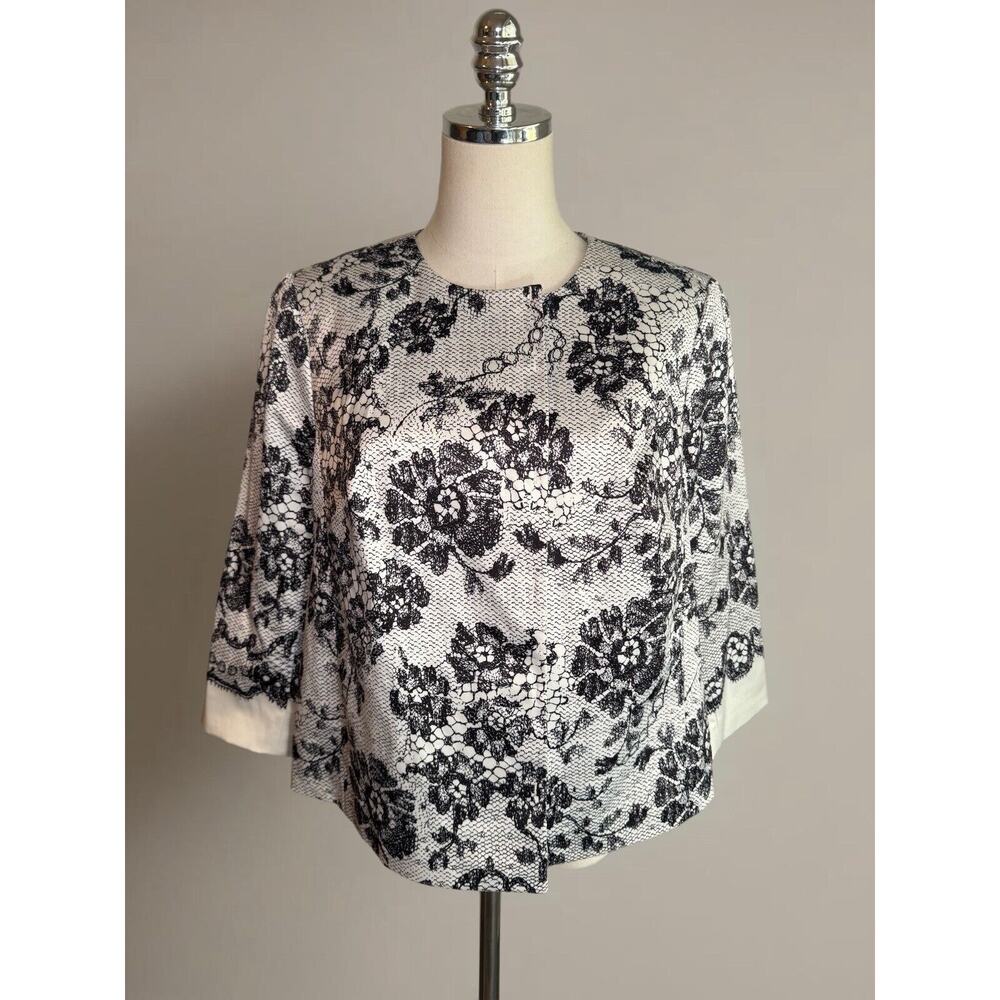 The Limited Scandal Collection Blazer Jacket LARGE Floral 3/4 Sleeve White Satin